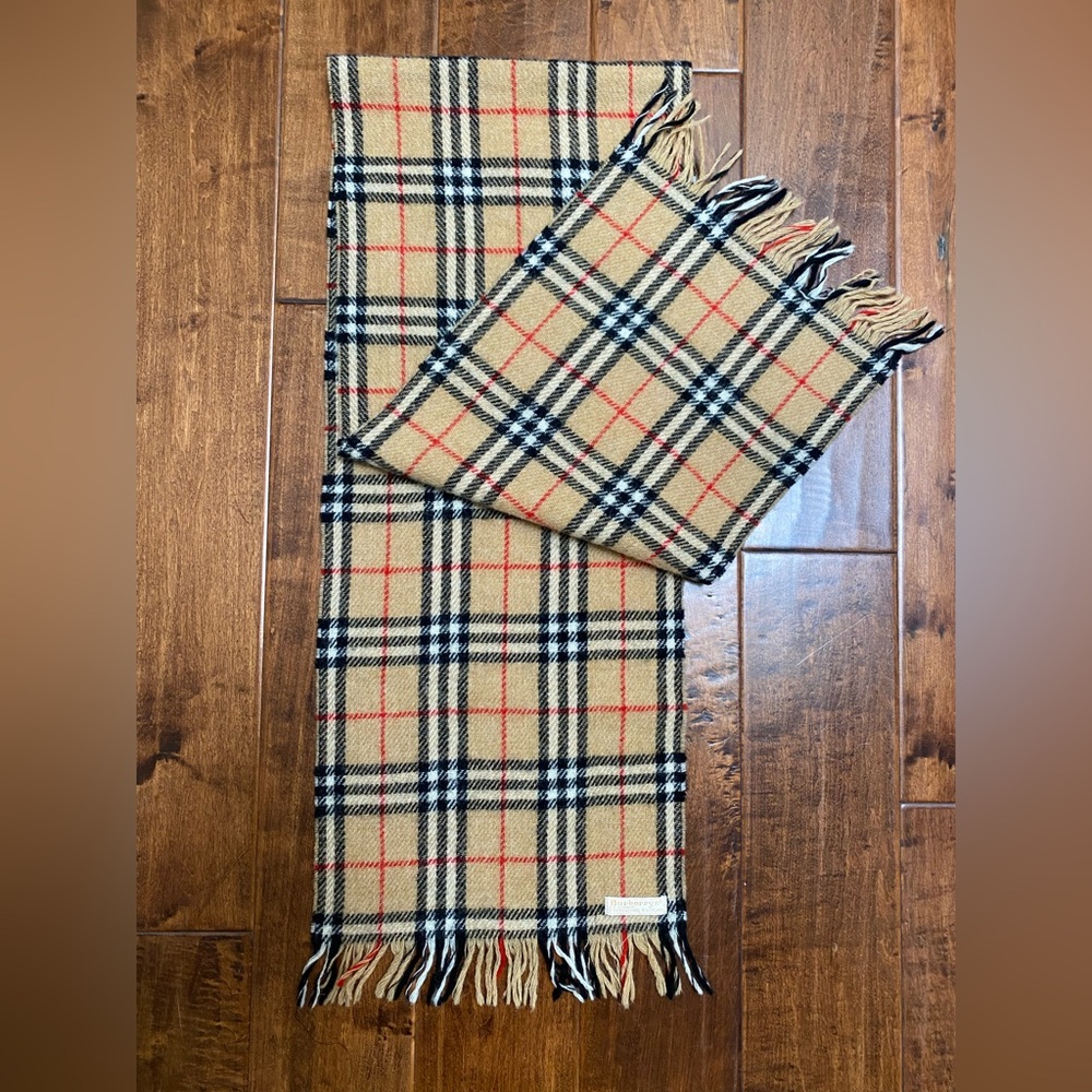 Burberry Tan Plaid Cashmere-Style Men's Scarf with Black and Red Accents